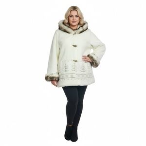 Women's White Faux Fur Hooded Trim Coat Winter Embroidery Three Button Snow Wear